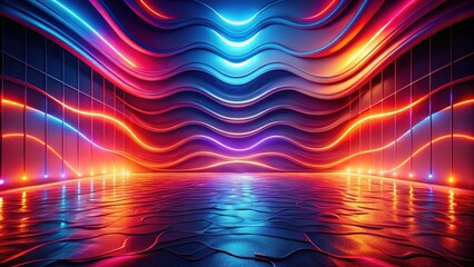 Wall Mural - Abstract Vibrant Neon Waves Reflecting on a Liquid Surface in a Modern Architectural Space