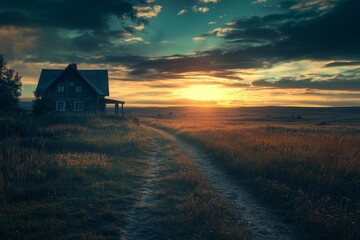 Wall Mural - Rustic house at sunset on a country path, golden light