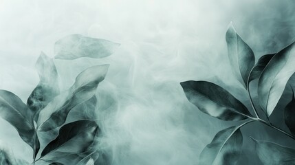 Poster - Dark Green Leaves Enveloped in Misty Haze