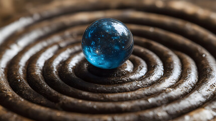 Fototapete - A sparkling blue marble rests on a spiral pattern, showcasing reflections and textures that create an intriguing visual contrast