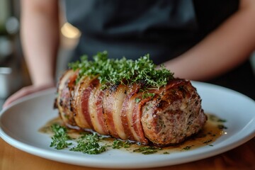 Wall Mural - Delicious herb crusted bacon wrapped pork roast on plate