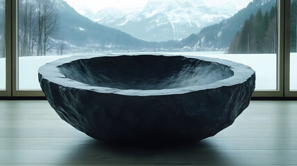 Fototapete - A large, sculptural stone basin sits indoors with a stunning mountain landscape visible through expansive windows