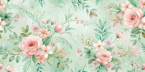 Pastel Pink Roses and Delicate Greenery on a Soft Mint Background, a Seamless Floral Pattern Ideal for Textile Design and Decorative Purposes