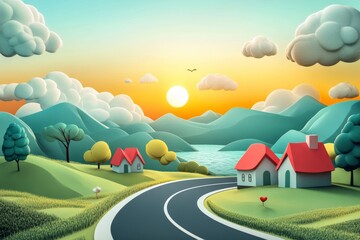 winding road leads to charming houses at sunset, cloudscape hills, serene landscape