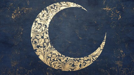 Wall Mural - Ornate Gold Crescent Moon on Dark Blue Background