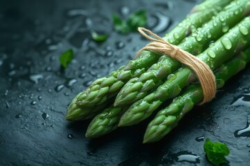 Wall Mural - Fresh green asparagus with water droplets on dark surface