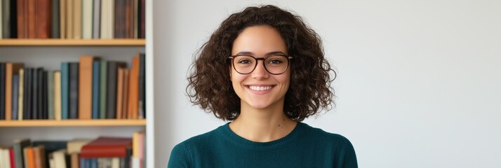 Wall Mural - A woman with curly hair and glasses is smiling in front of a bookshelf. The bookshelf is filled with books of various sizes and colors. Concept of warmth and comfort