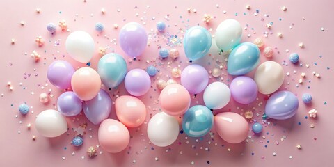 Poster - Pastel Balloons and Confetti Celebration A Festive Arrangement of Delicate Balloons and Sparkling Confetti on a Pink Background