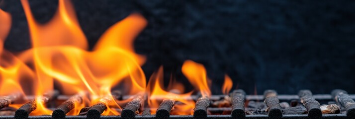 Wall Mural - A grill with a lot of fire on it. The fire is orange and yellow. The grill is on a black background