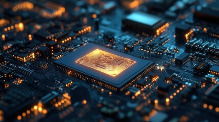 Close up of computer circuit board with an AI chip