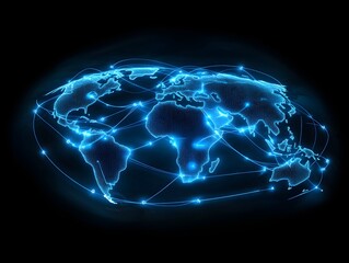 Global network connection, glowing map, dark background, digital illustration, website banner