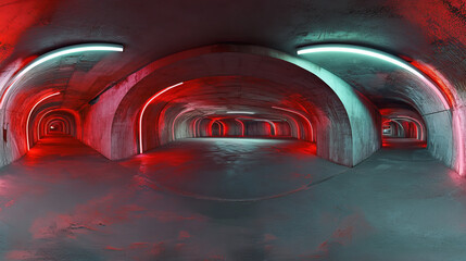 360 degree full panorama environment map of empty futuristic neon light dark concrete basement 3d re