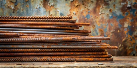 Wall Mural - A Stack of Heavily Corroded Metal Rebar Rods Against a Weathered Rusty Background