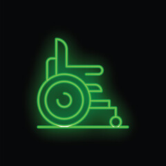 Wall Mural - Green neon sign representing a wheelchair on a dark background, a design material ideal for communicating on the themes of disability, accessibility, and inclusion