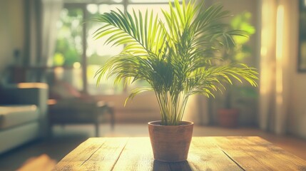 Poster - A potted palm plant sits on a wooden table in a sunlit room