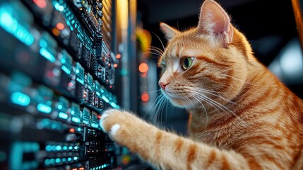 Ginger Cat Exploring a Futuristic Server Room: A Captivating Blend of Technology and Animal Curiosity