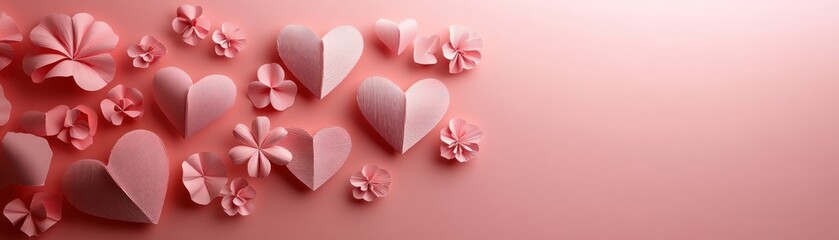 Sticker - Pink paper hearts and flowers on a pink background