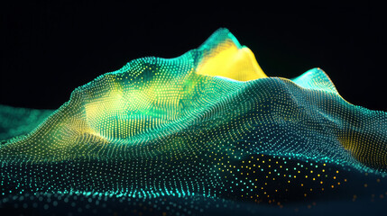 Data technology abstract futuristic green and yellow low poly shape glowing wire mesh surface on dark background. 3D rendering 3d illustration render