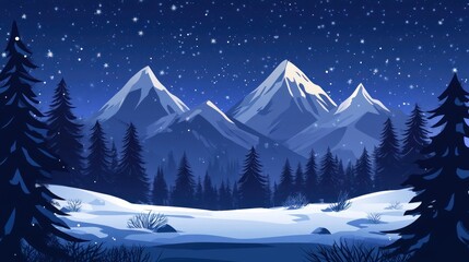 Canvas Print - Snowy Mountain Range Winter Night Scene