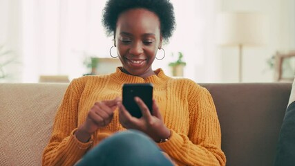 Poster - Laughing, browsing and woman with smartphone, texting and reading of message on social media and house. Typing, relax and communication with contact in living room, funny and black person with mobile
