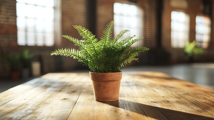 Poster - A potted fern plant sits on a wooden table