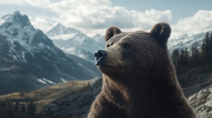 Wall Mural - Grizzly Bear Contemplating Majestic Mountain Landscape