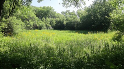 Canvas Print - Sunlit Meadow Surrounded By Lush Green Trees