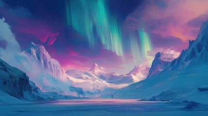 Canvas Print - A solitary figure observes the aurora borealis over snowy mountains