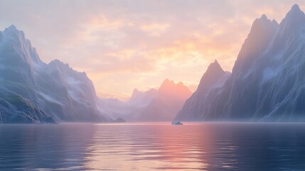 Wall Mural - Serene Sunset Over Snowy Mountains And Calm Water