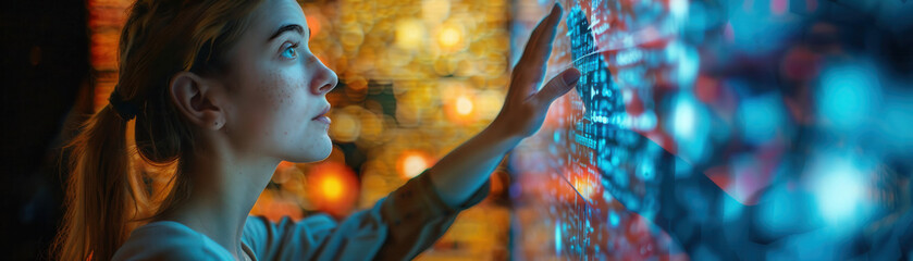 Aufkleber - woman interacting with colorful digital display, showcasing vibrant lights and patterns. scene conveys sense of wonder and curiosity
