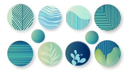 Wall Mural - Set of round abstract badges, icons or shapes in mint, green and blue colors.