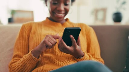 Poster - Laughing, relax and woman with smartphone, texting and reading of message on social media and house. Typing, browsing and communication with contact in living room, funny and black person with mobile
