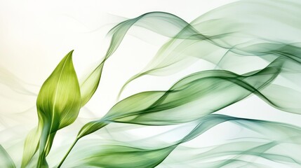 Wall Mural - Green Leaves and Abstract Wavy Lines Design