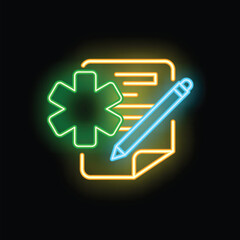 Wall Mural - Neon medical record icon glowing on a dark background, representing emergency medical services and healthcare