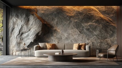 Wall Mural - Modern living room, stone wall, luxury design, forest view, interior design