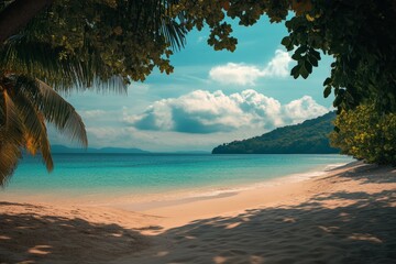 Canvas Print - Tropical beach framed by palm trees, calm turquoise water, lush vegetation, idyllic escape