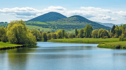 Canvas Print - Serene River Winding Through Lush Green Valley And Mountains