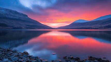 Canvas Print - Serene Sunset Over Snow Capped Mountains And Still Lake