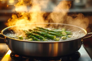 Wall Mural - Steaming asparagus in a boiling pot on stove