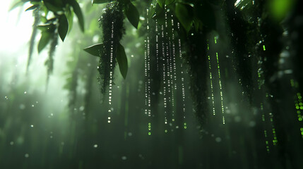 Jungle Data Stream, digital vines, misty forest, code background, tech concept