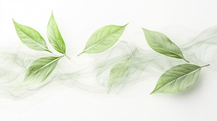 Wall Mural - Green Leaves Floating in Soft Smoke Wave