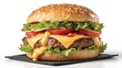 © Yuwadee - A mouthwatering cheeseburger, featuring a juicy patty, melted cheese, fresh lettuce, ripe tomatoes, and a sesame seed bun, rests on a dark slate
