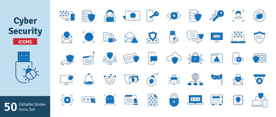Cyber Security Blue Line Editable Stroke Icons Set. Technology, Phishing, Hacking, Cyber Crime, Security, Mobile Privacy, Bank Locker, Trojan, Device Protection, Privacy Vector Illustration.