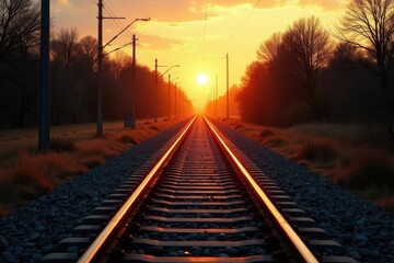 Wall Mural - long shadows from setting sun fall across empty railway lines , long, yellow, red