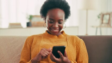 Poster - Laughing, online and woman with smartphone, texting and reading of message on social media and house. Typing, relax and communication with contact in living room, funny and black person with mobile