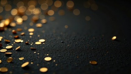 Wall Mural - Scattered gold confetti on black surface, luxury feel, macro, decoration, premium