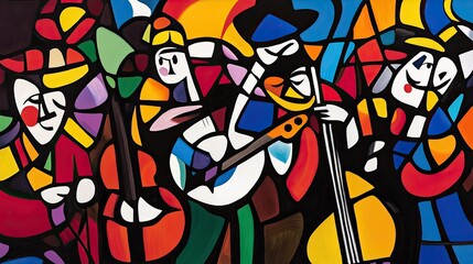 Wall Mural - Abstract Colorful Cubist Style Jazz Band Painting