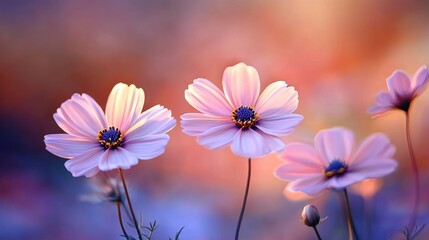 Wall Mural - Delicate Pink Cosmos Flowers in Soft Sunset Light