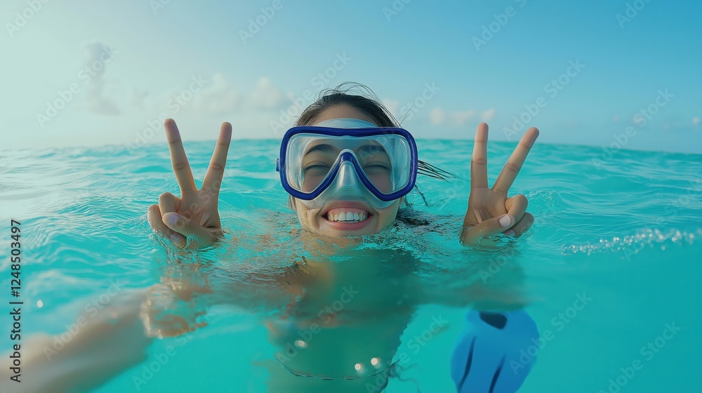 young woman snorkeling in the ocean. She is wearing a blue snorkel mask ...