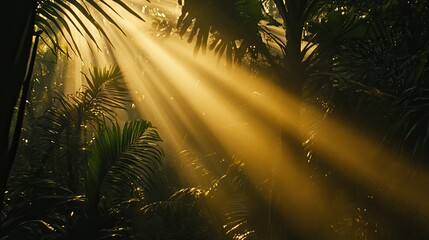 Canvas Print - Golden Sunlight Beams Through Lush Tropical Jungle Foliage